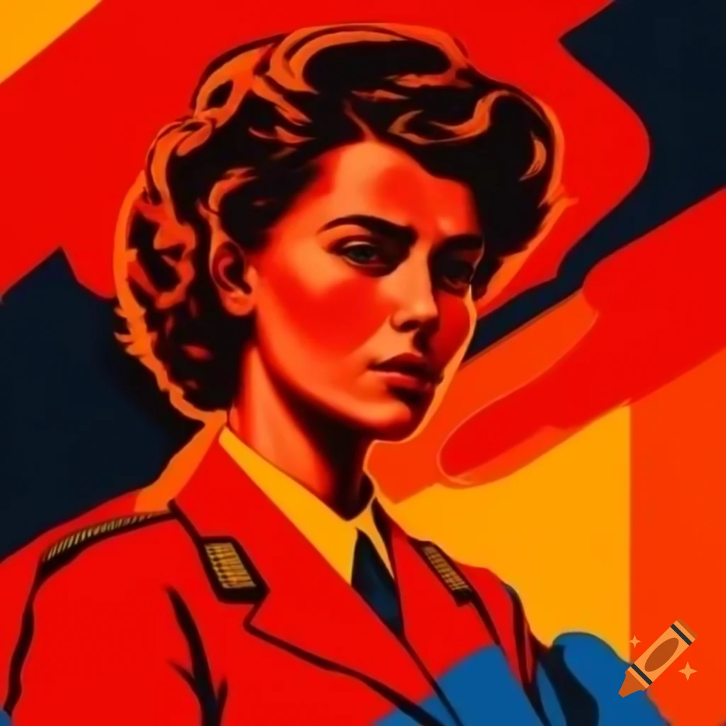 Soviet-style propaganda poster featuring a woman pilot in bold red and orange colors