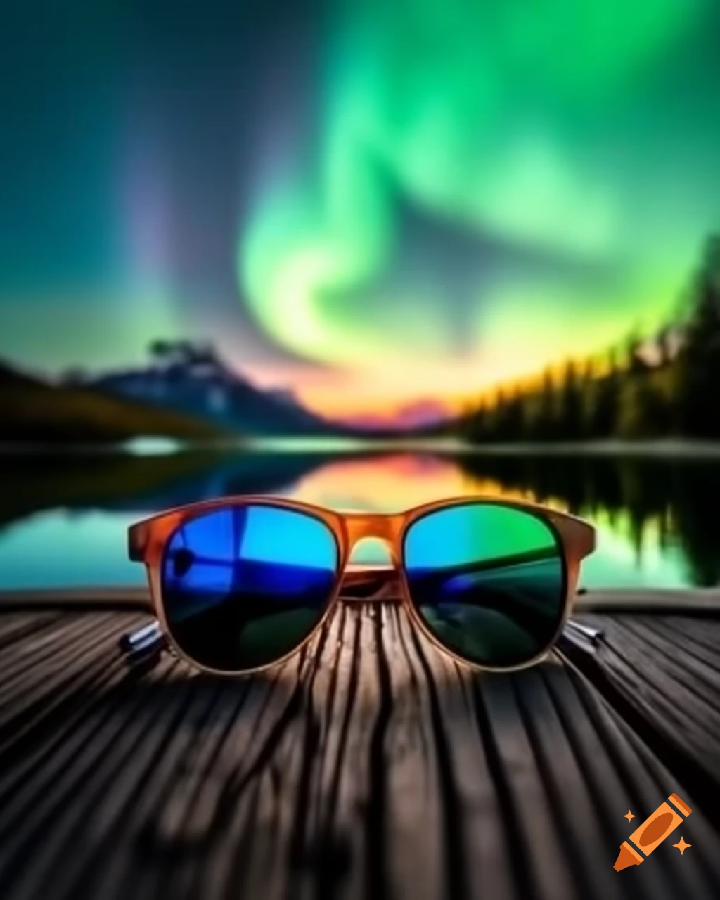 Macro photography of sunglasses on wooden bridge with calm lake and northern lights in background
