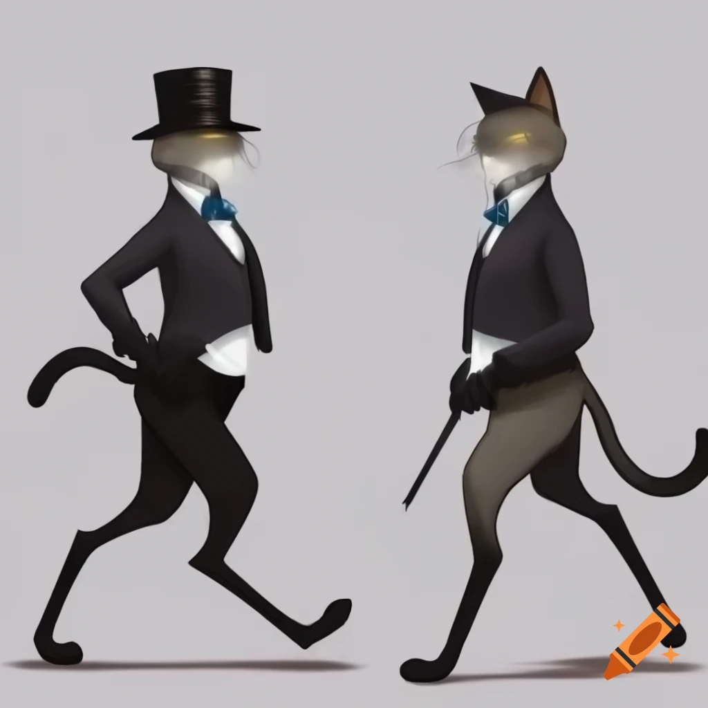 Cat in profile wearing top hat and suit inspired by classic logo