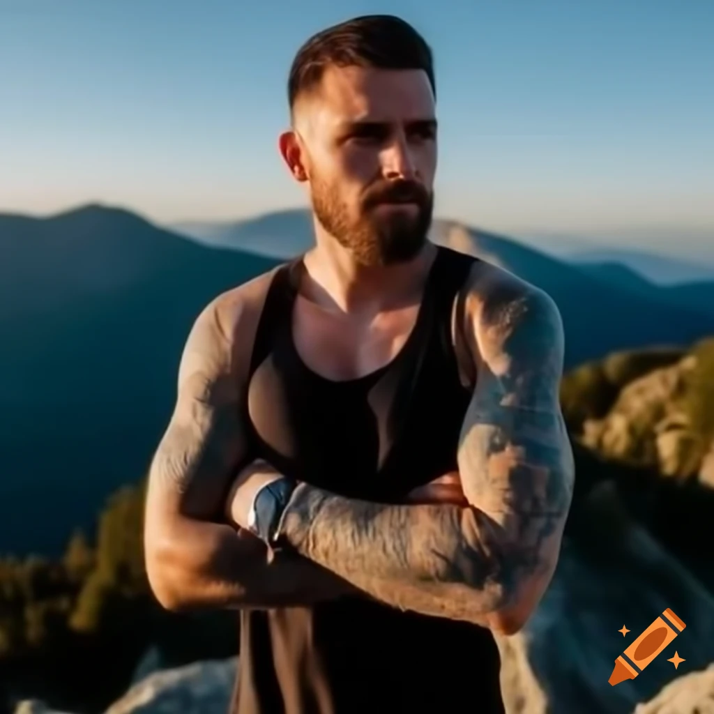 Man with tattooed arm standing on mountain