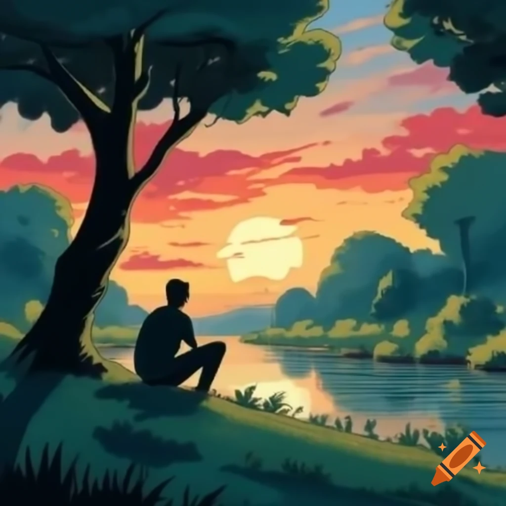 Man sitting among trees looking at river with colorful sky