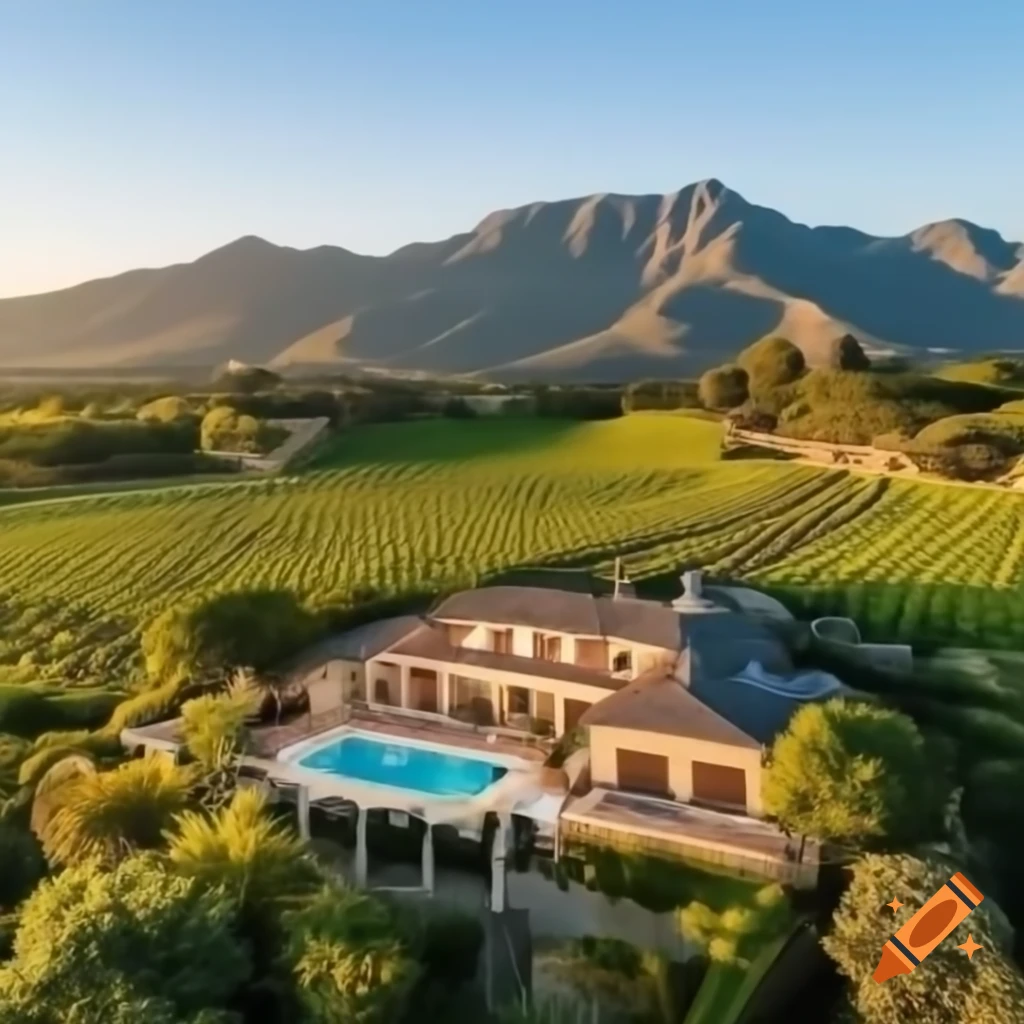 Picturesque Ojai with vineyards and mountain scenery featuring a house with a pool
