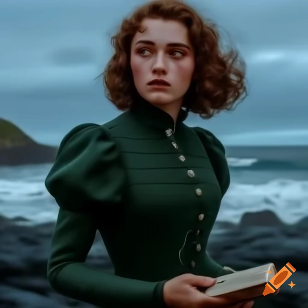 Portrait of woman with freckles and wavy brown hair in Victorian dress on rocky beach