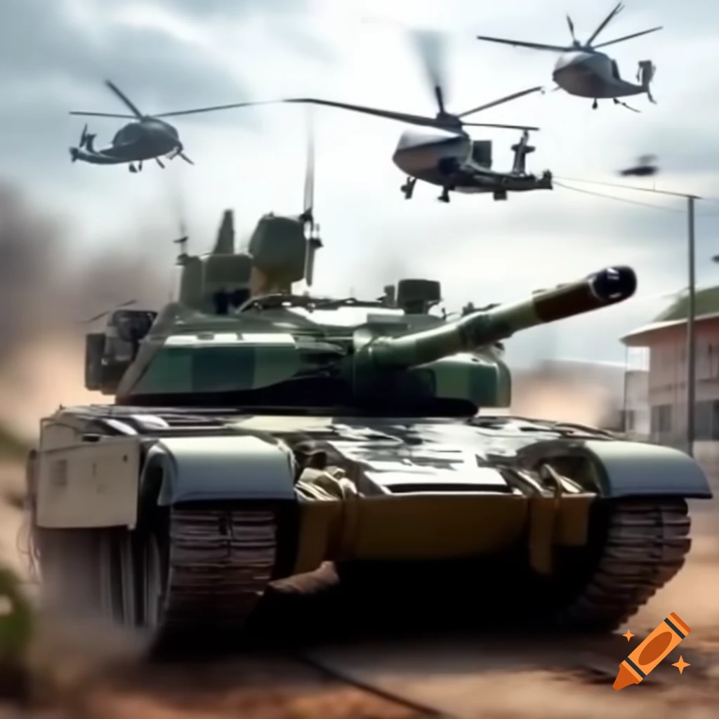 Military tanks and helicopters near school, depicting armed presence