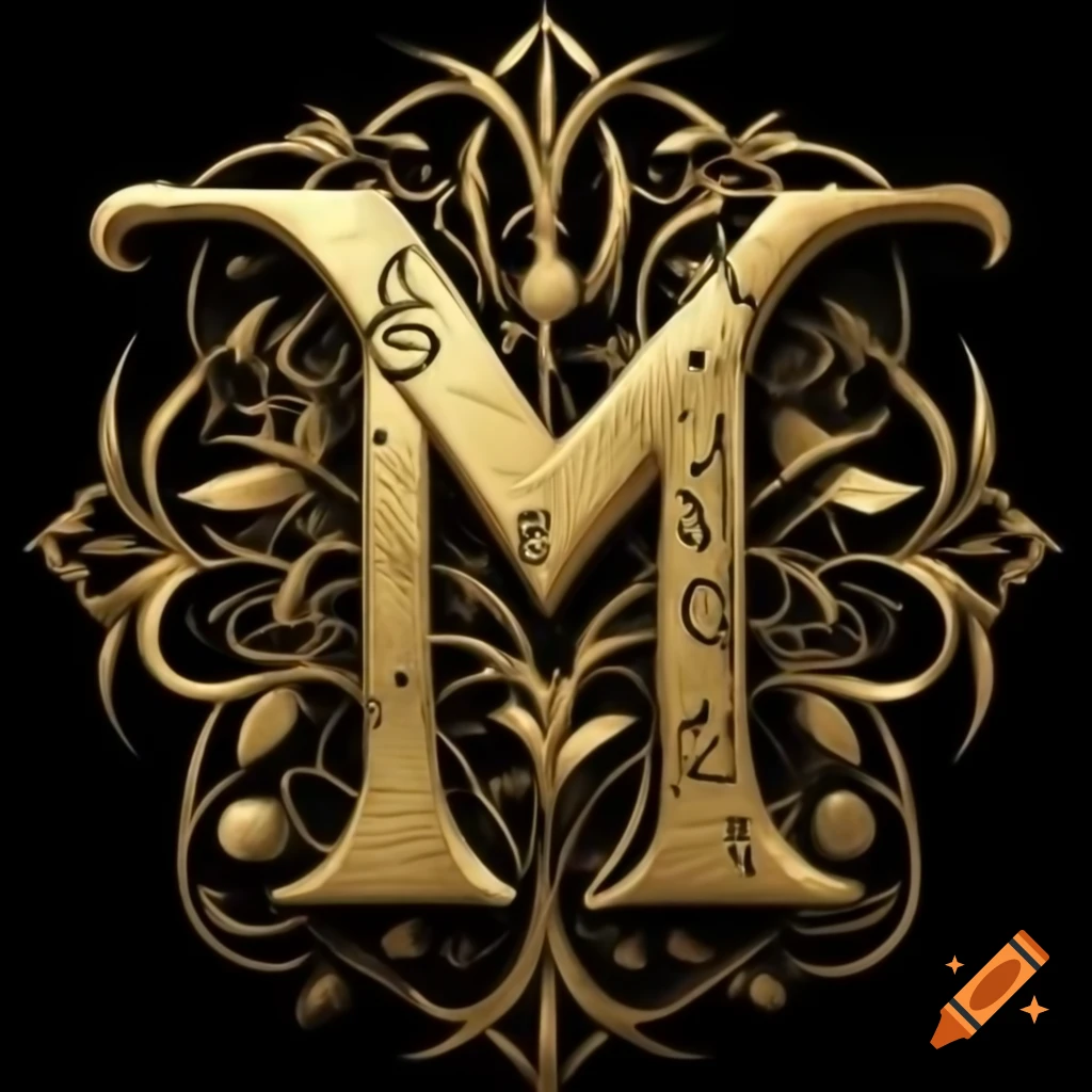 Medieval calligraphy letter M in gold leaf and black ink