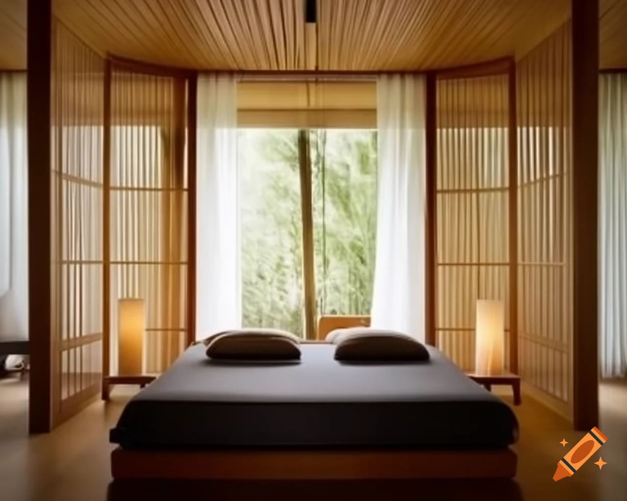 Zen bedroom with bamboo bed and oriental floating lamps