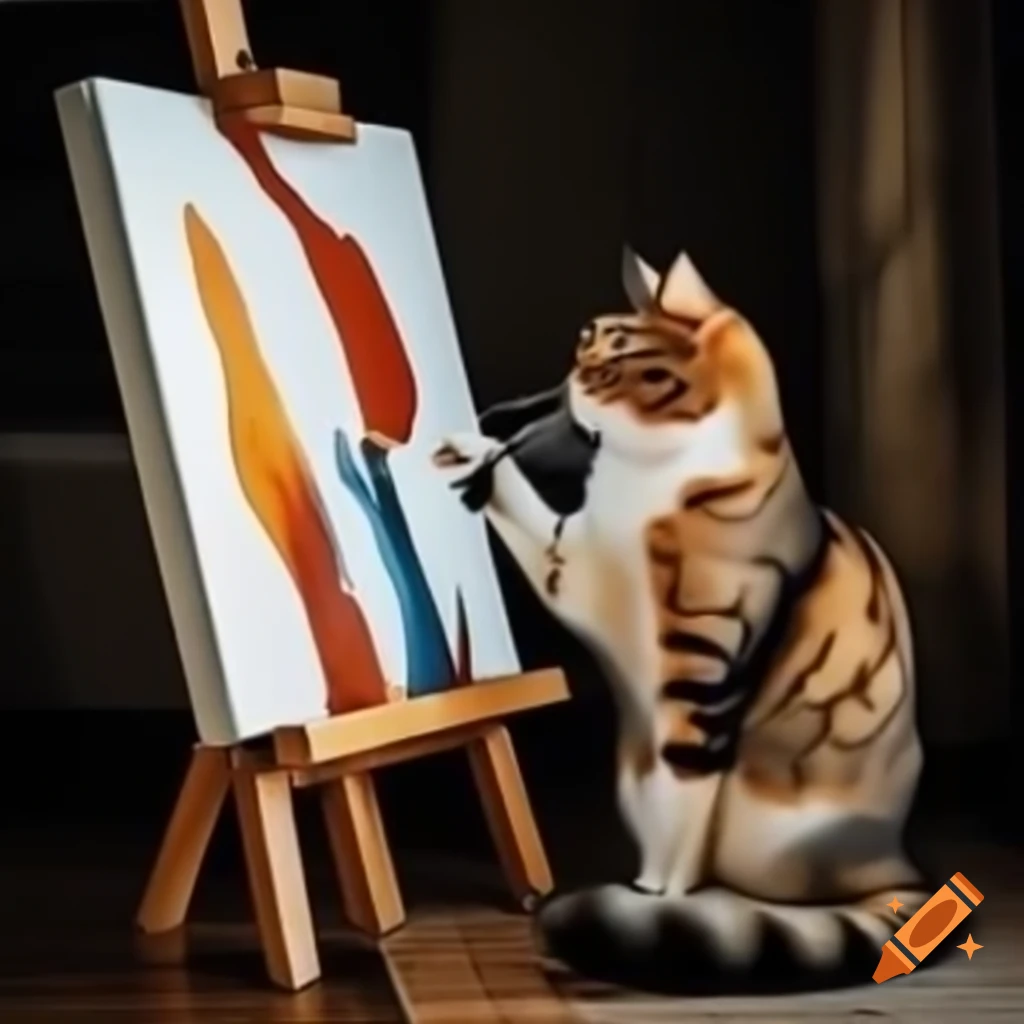 Cat painting humorous artwork on an easel
