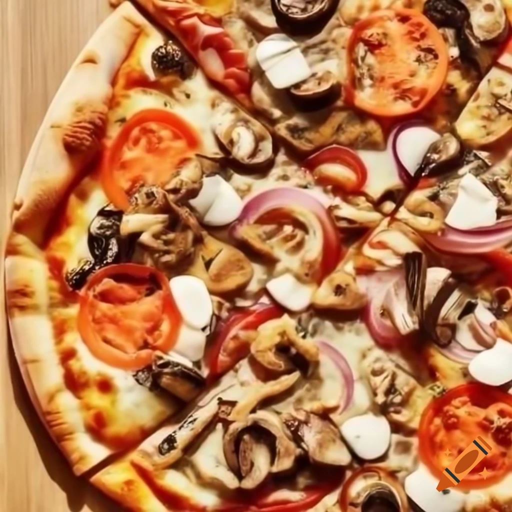 Thin crust pizza topped with pepper, mushroom, onion, salmon, and aioli