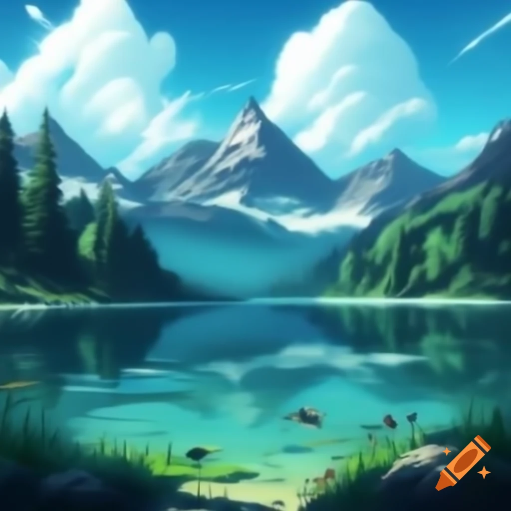 High resolution view of four mountains and lake with fish