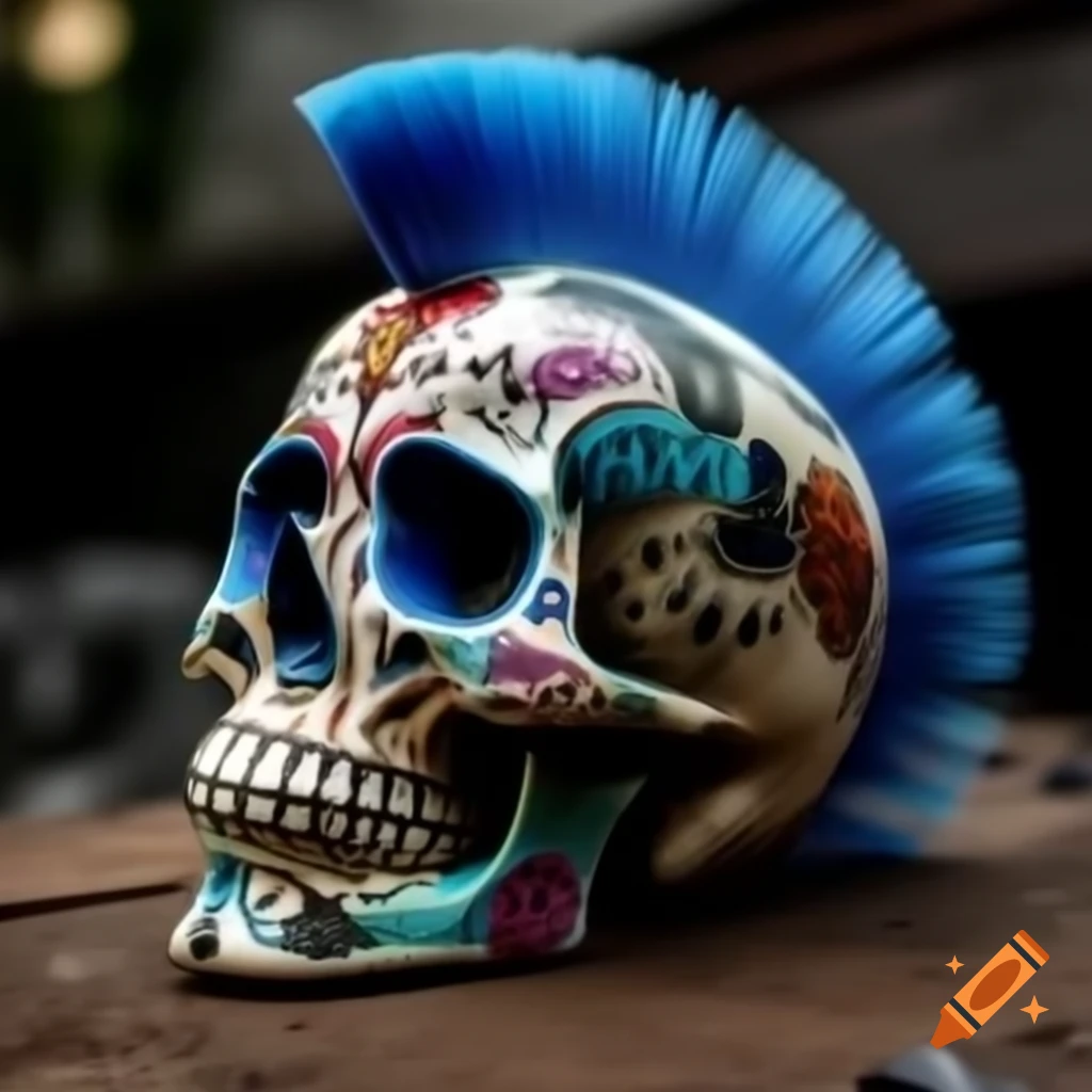 Punk rock Día de Muertos sugar skull with blue mohawk