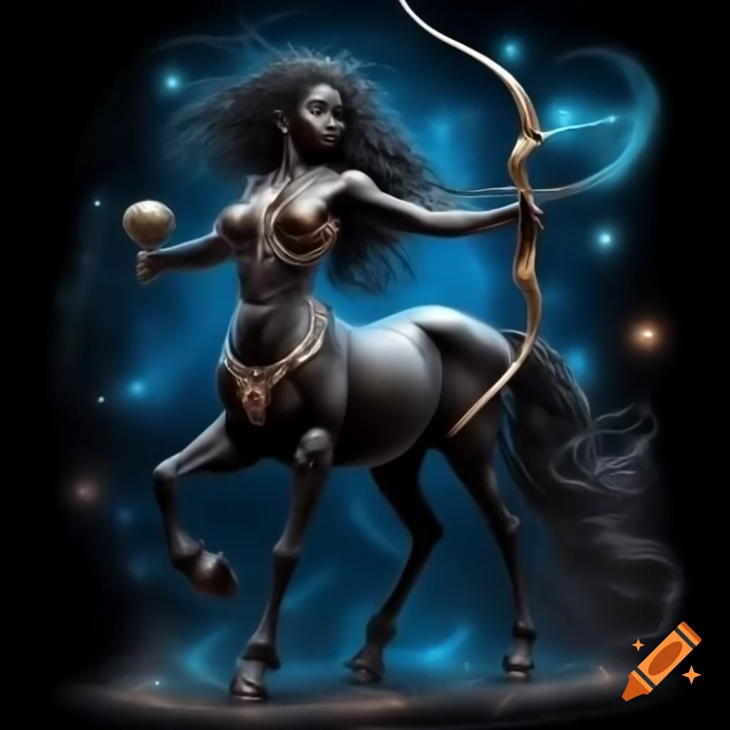 Graceful black centaur with dreadlocks holding bow and arrow, celebrating Sagittarius