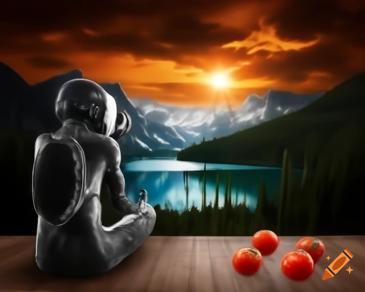 Photorealistic 3D render of human face made of tomatoes surrounded by tomatoes