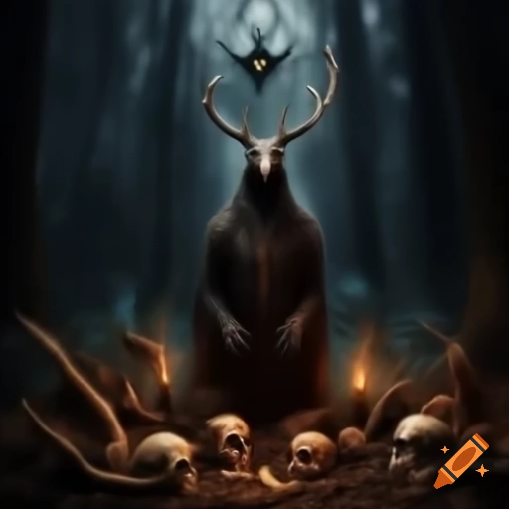 Three hags performing rites in shadowy clearing with skulls and antlered stag
