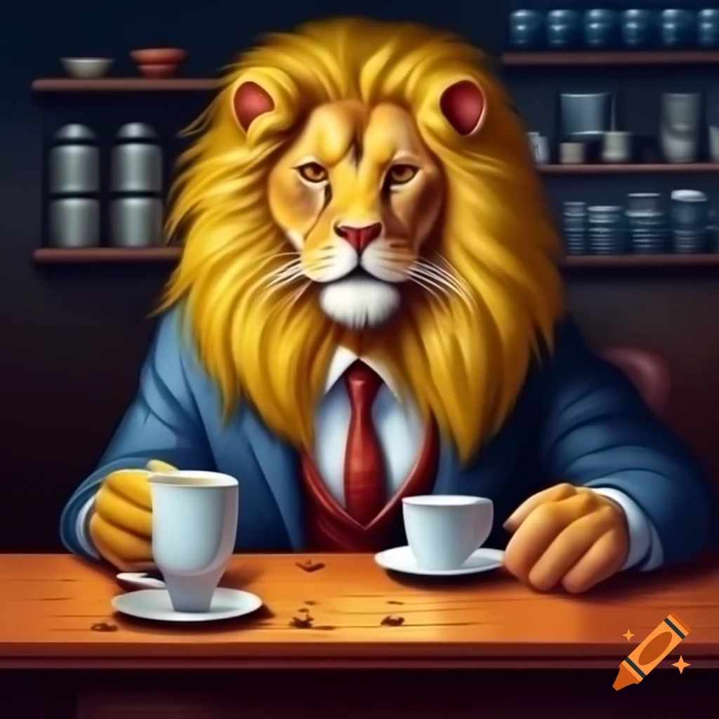 Long haired yellow and white cat and lion in suit at coffee shop table
