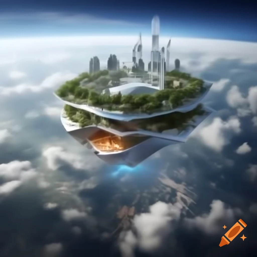 Futuristic floating city above clouds with anti-gravity buildings and transparent walls