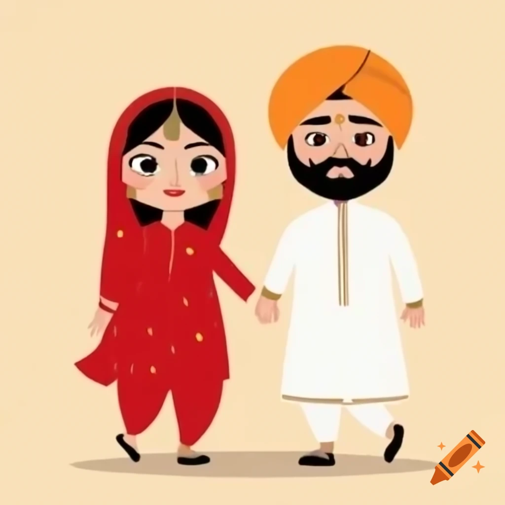 Cartoon-style Punjabi couple with Sikh man in red turban and traditional attire