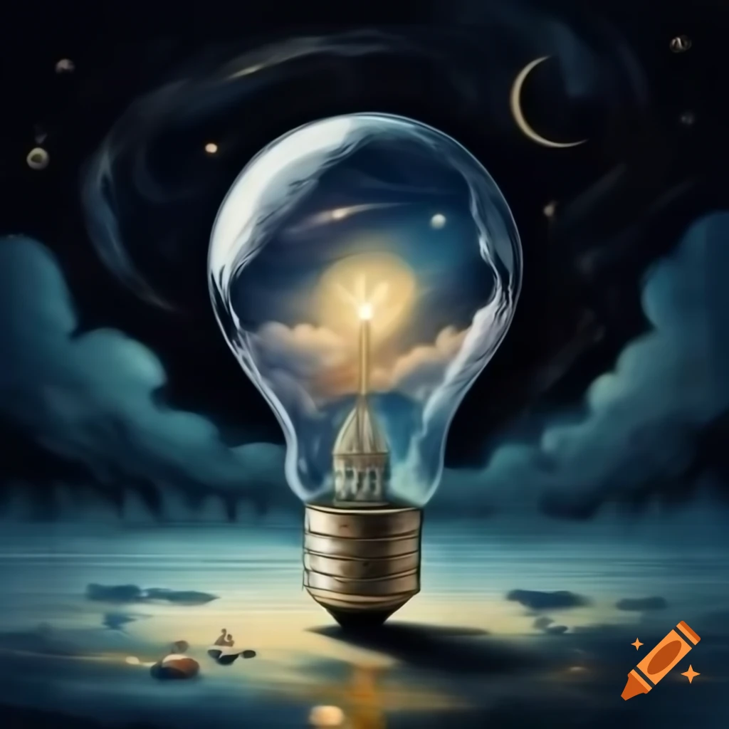Whimsical night dreamscape inside vintage light bulb with miniature land and glowing moon