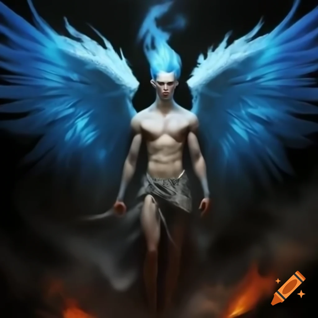 Illustration of an Akuma with bright blue wings and fiery eyes