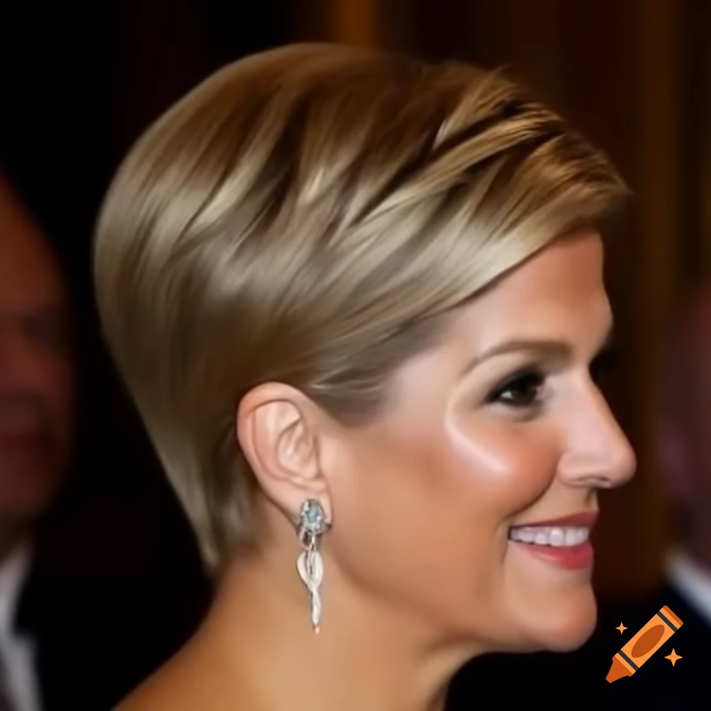 Queen Maxima showcasing a bold short pixie cut with clippered back and sides