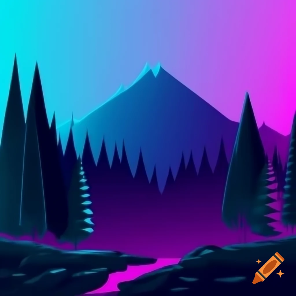 Neon cyberpunk forest mountain landscape