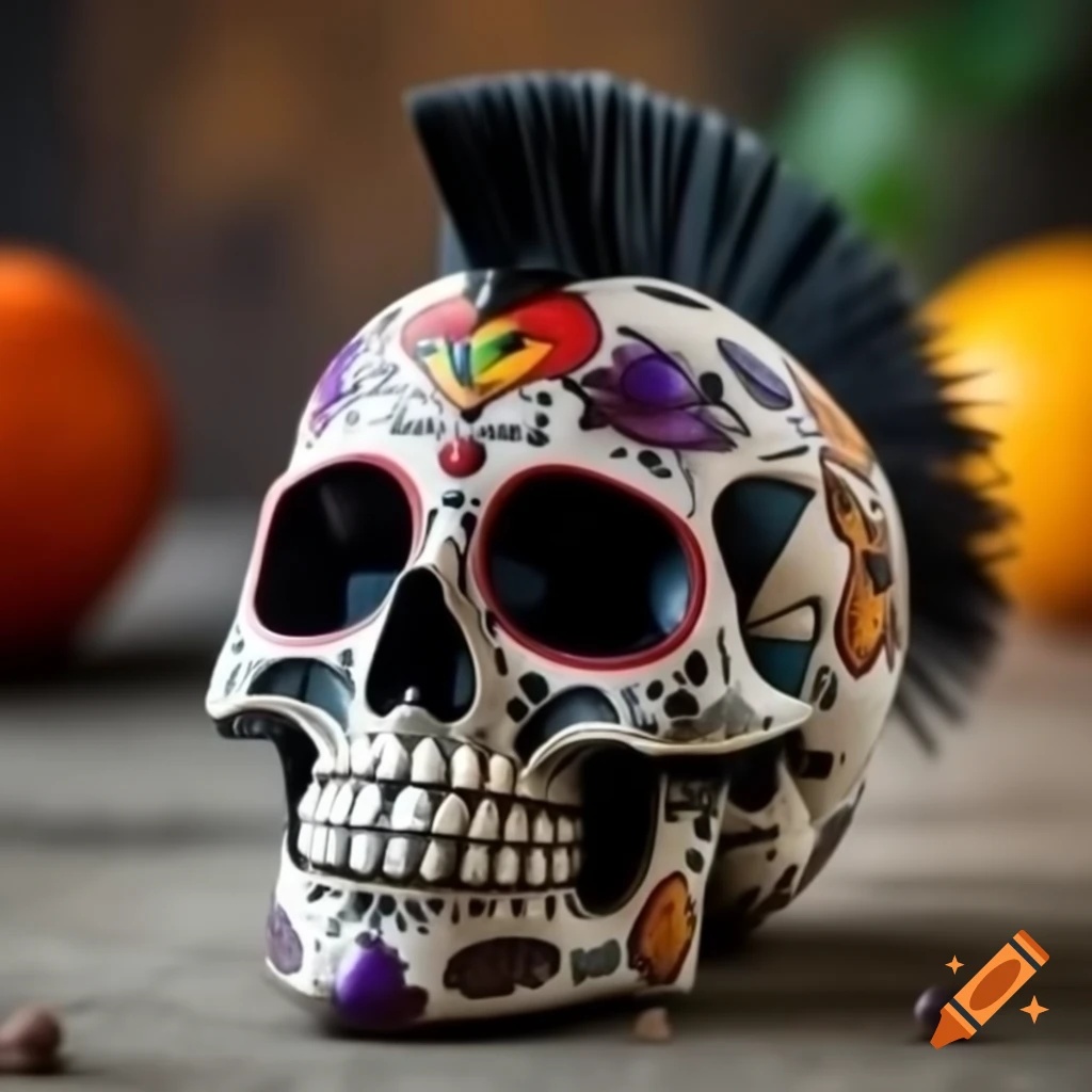 Punk rock Día de Muertos sugar skull with mohawk