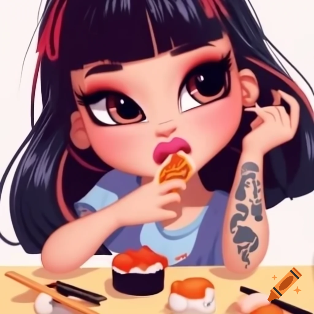 Cute girl with dark hair and Bratz tattoo eating sushi, featuring pale skin