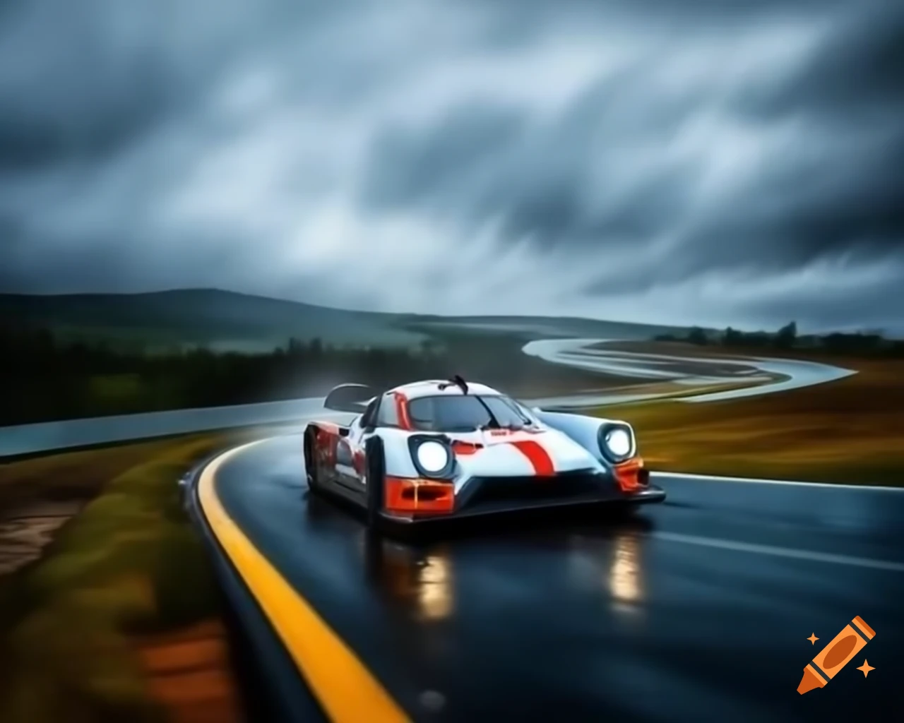 Le Mans racing scene on winding road in rain, dynamic painting style