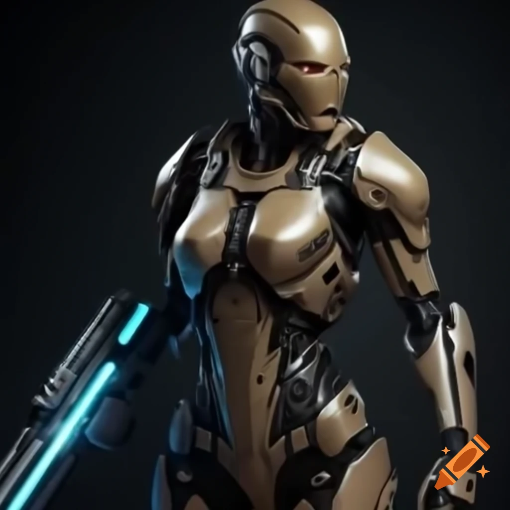 Cyborg warrior in armor suit holding laser rifle