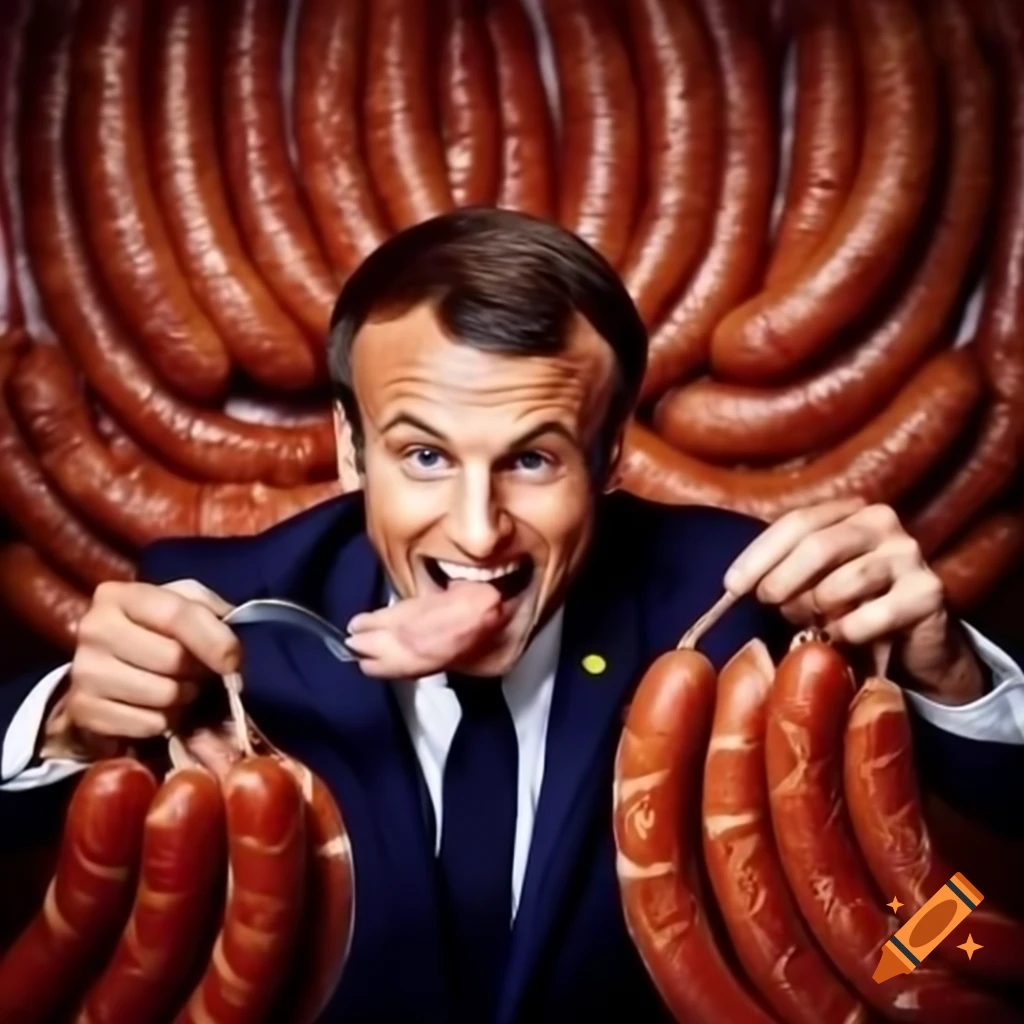 Emmanuel macron enjoying a variety of sausages on craiyon