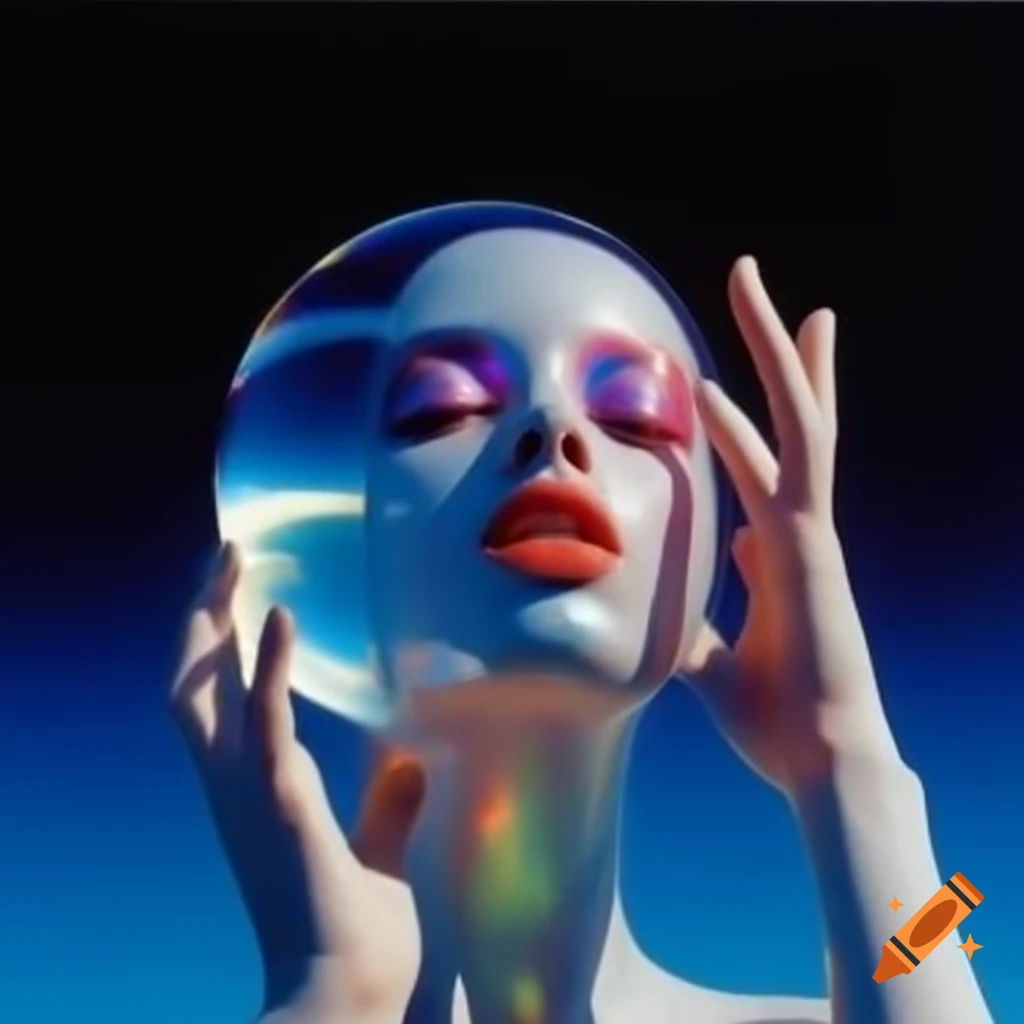 Pop surreal photography featuring iridescent glass statue