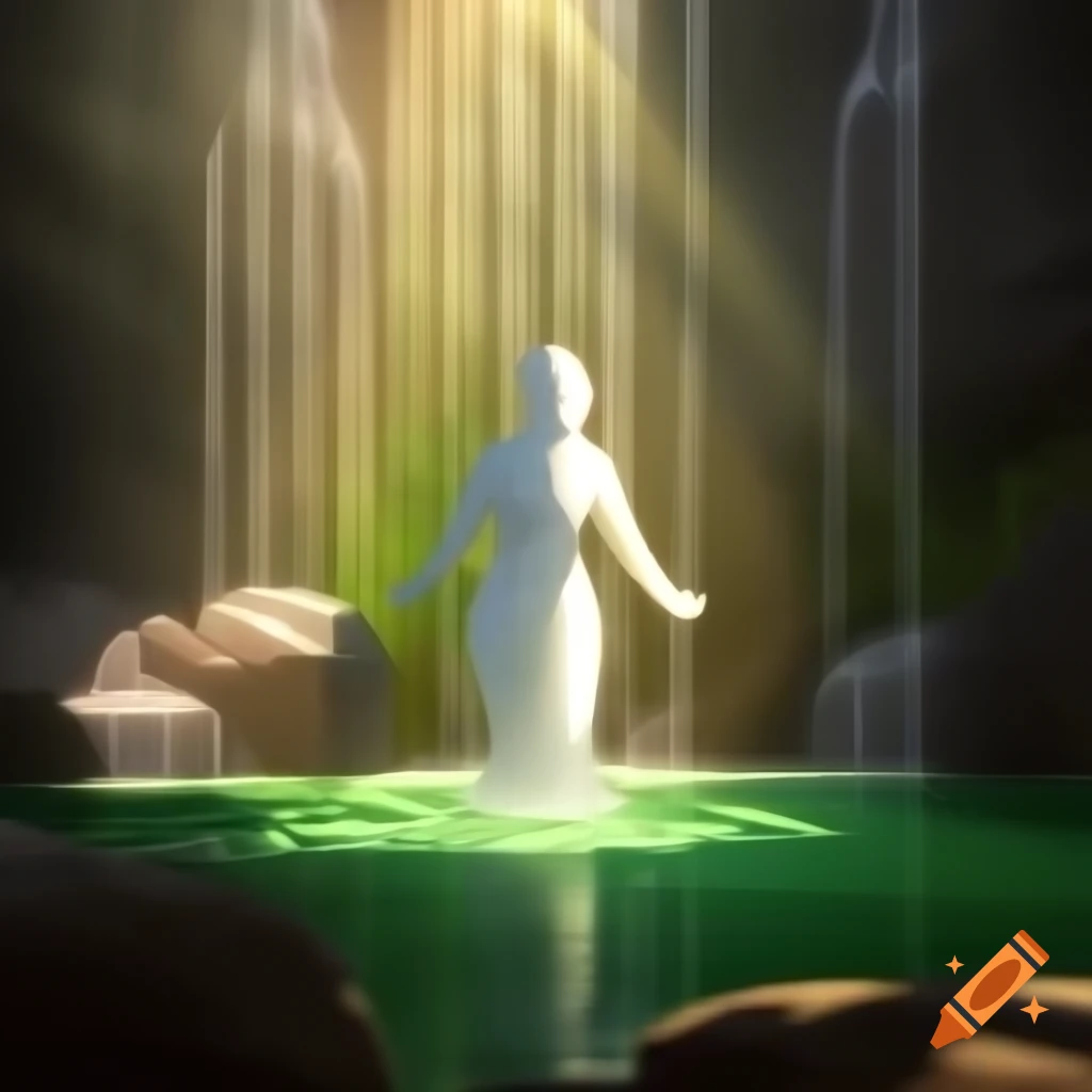 Marble goddess statue in sunlight across a spring landscape on craiyon