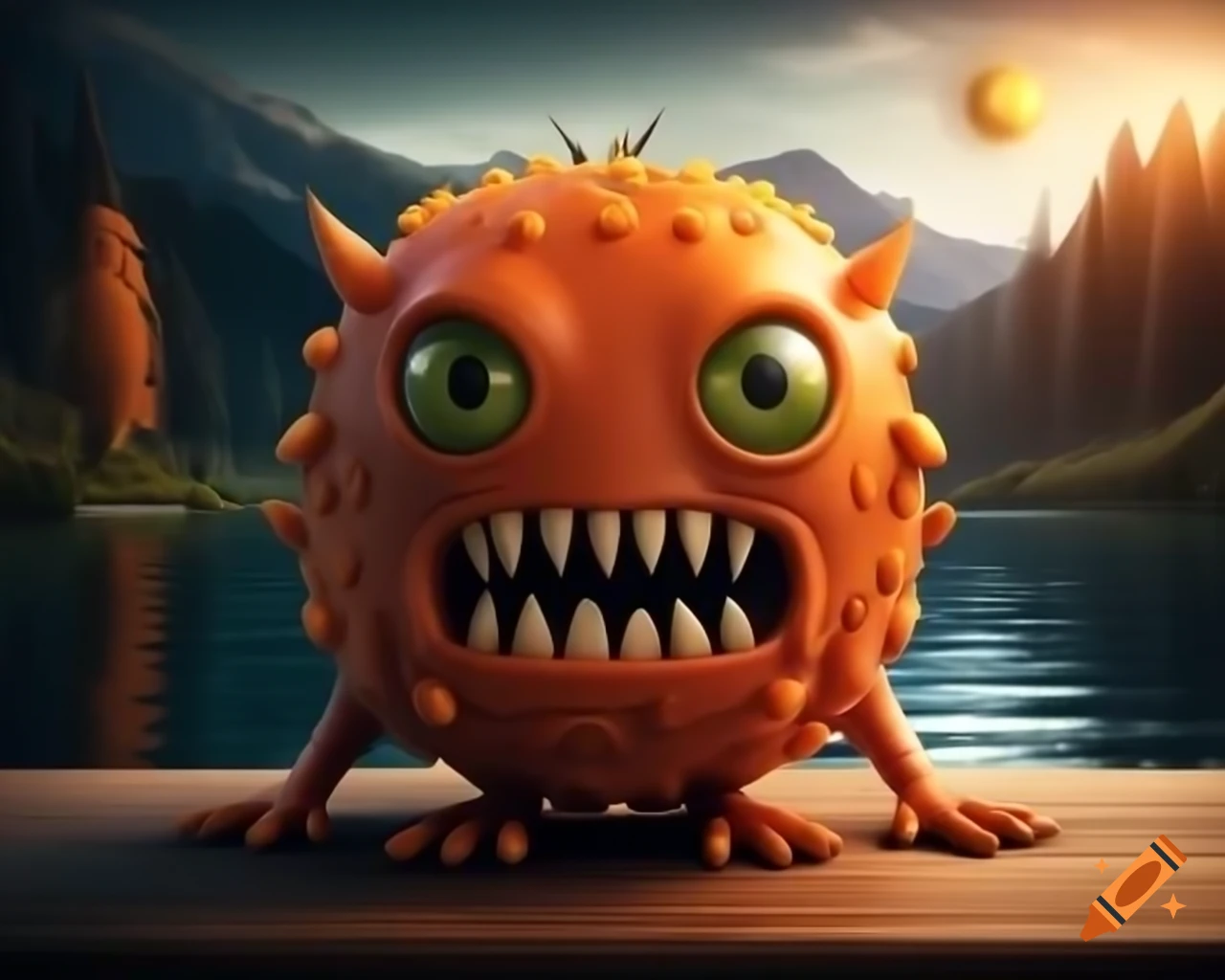 Hyper-realistic 3D orange fruit monster with human features on wooden table