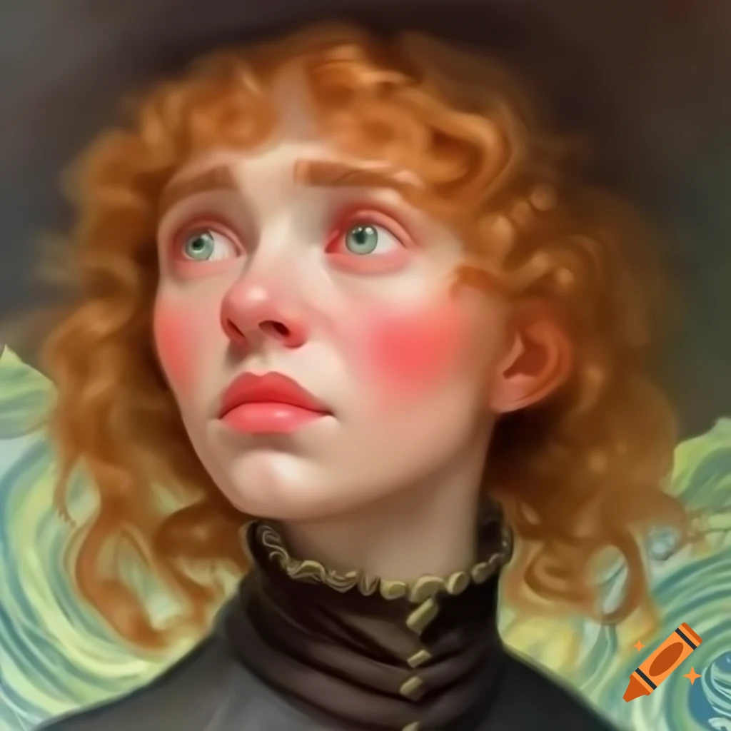Stunning animated portrait of woman with curly hair, sun-kissed skin in Van Gogh watercolor style