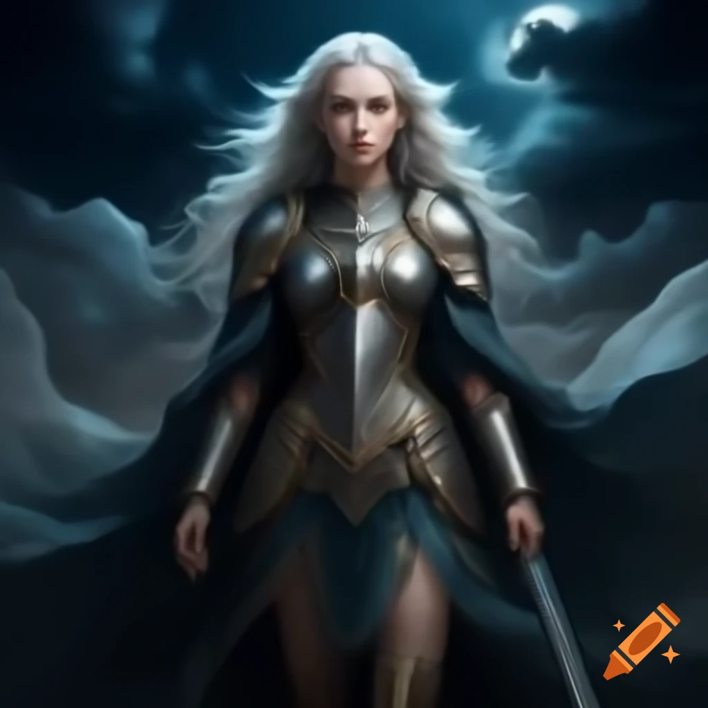 Warrior heiress in grey armor under moonlight with flowing silvery hair
