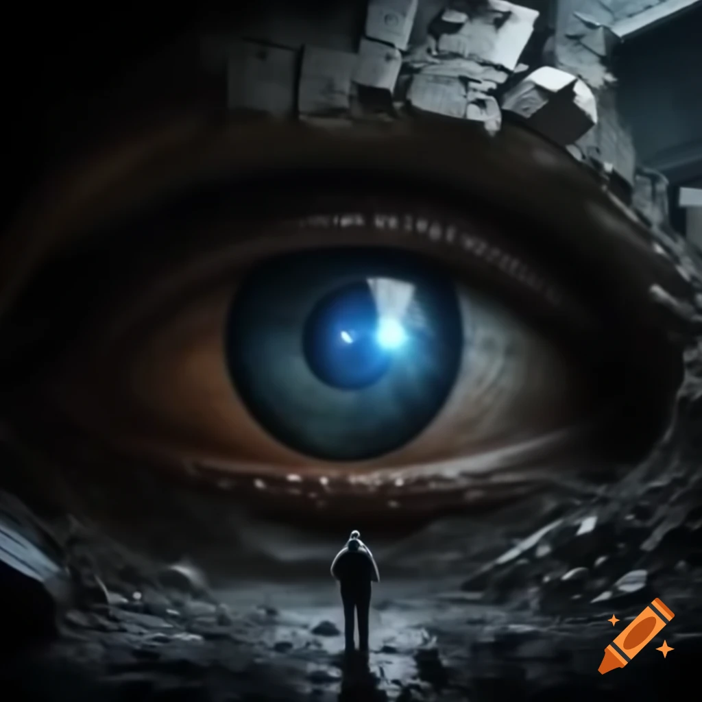 Realistic giant blue robot eye in dark space with person in front