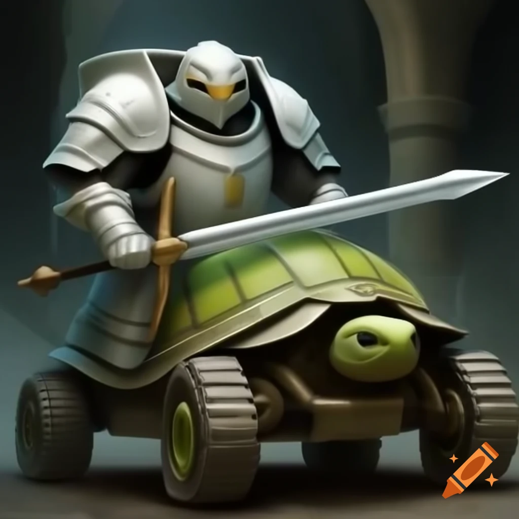 White armored knight riding a turtle robot car with sword