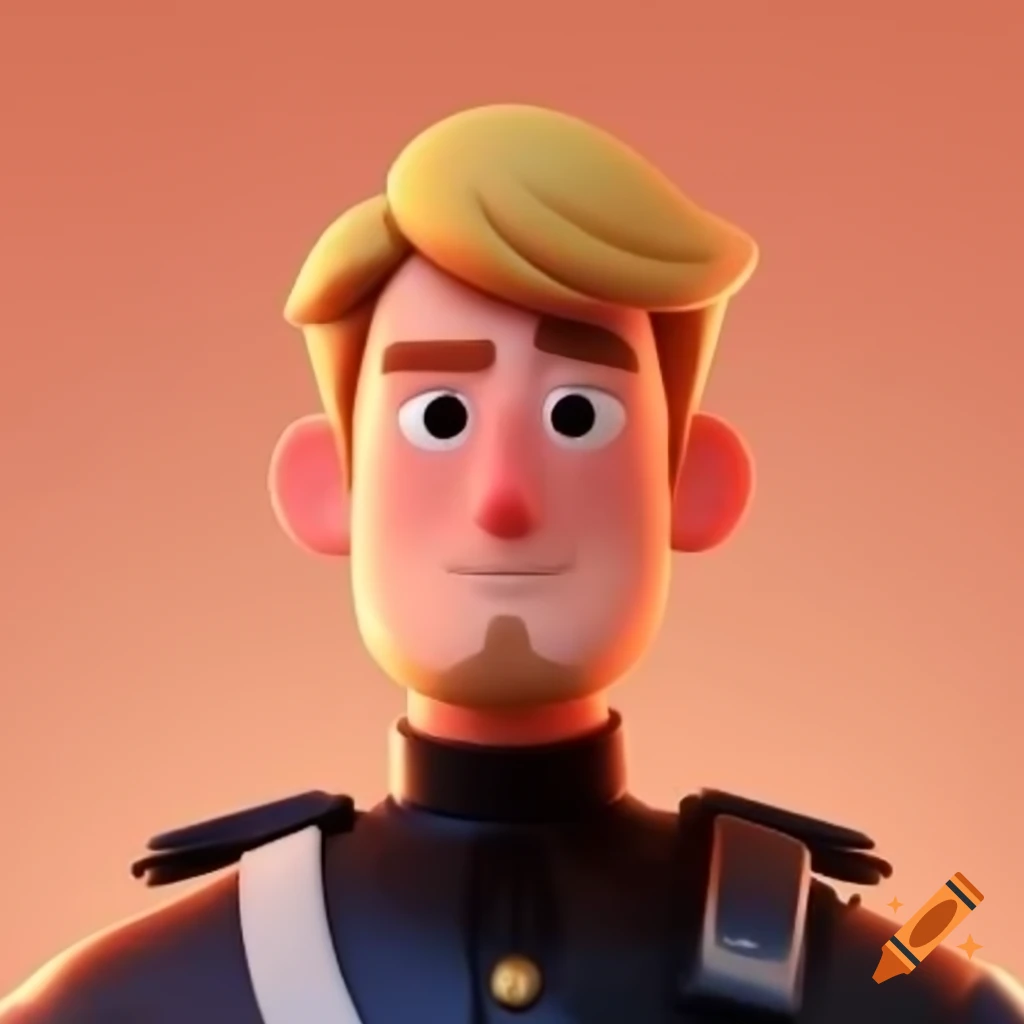 Skinny detective in black uniform with short blonde hair and neat beard on peach background, Pixar style