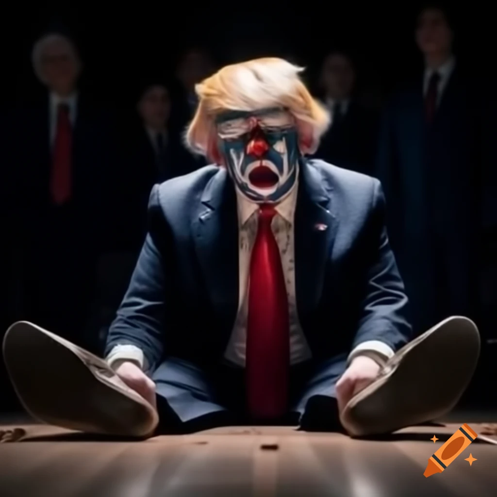 Dejected clown character resembling a tired politician sprawled on the floor