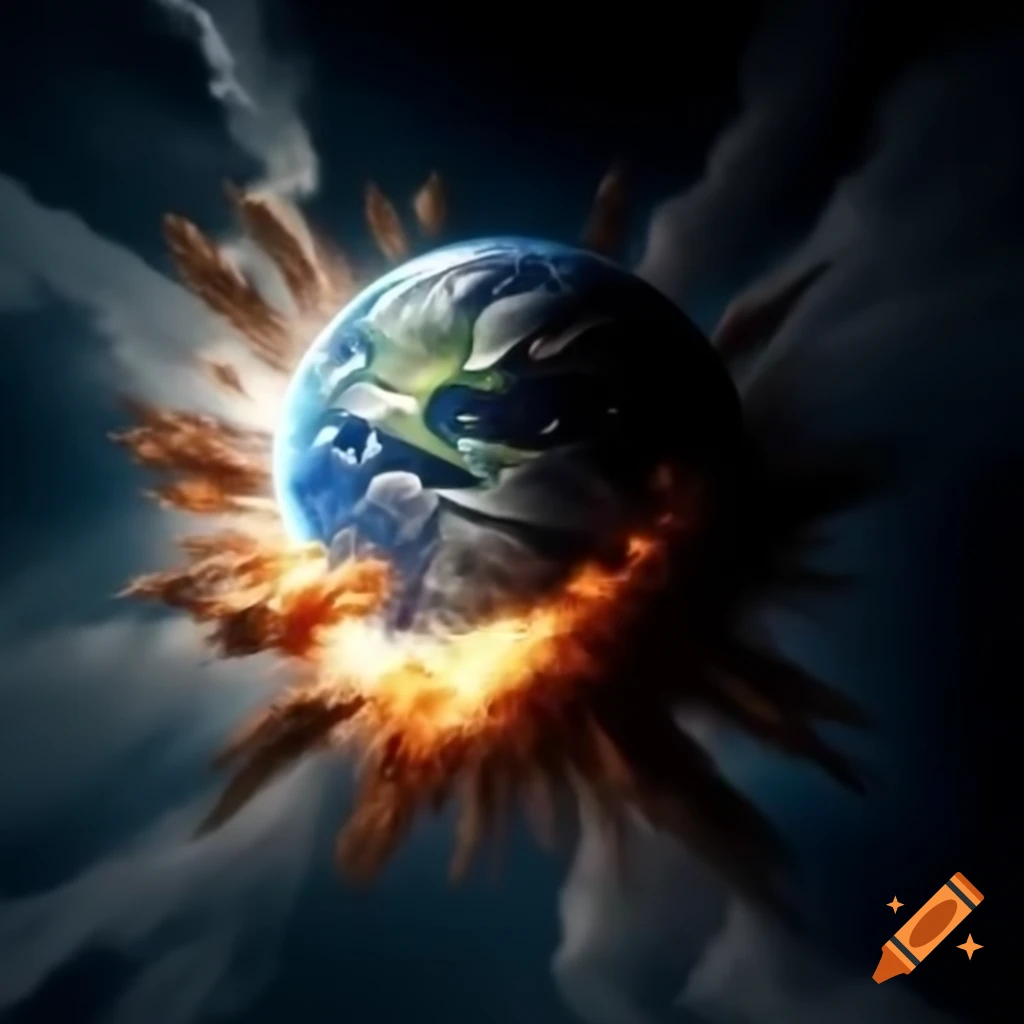 Dramatic scene of moon crashing into Earth with explosion