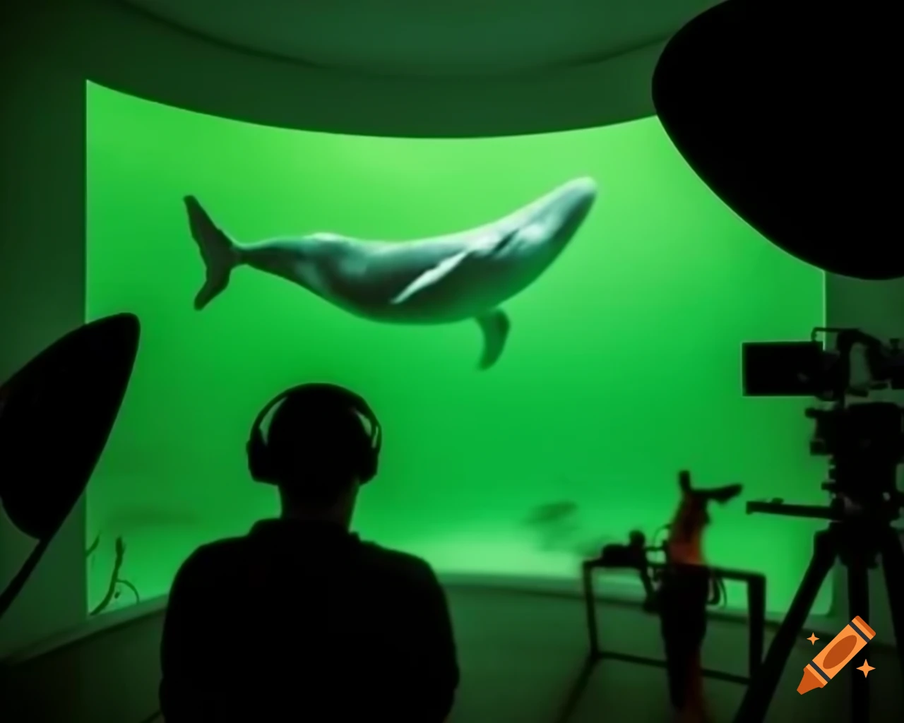 Whale on recording set with green screen and cameras