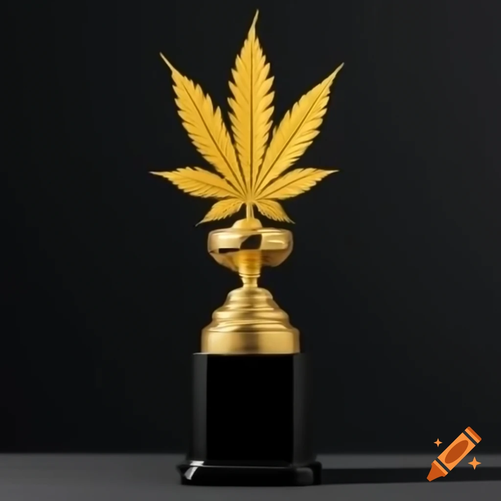 Golden hemp leaf trophy with black background