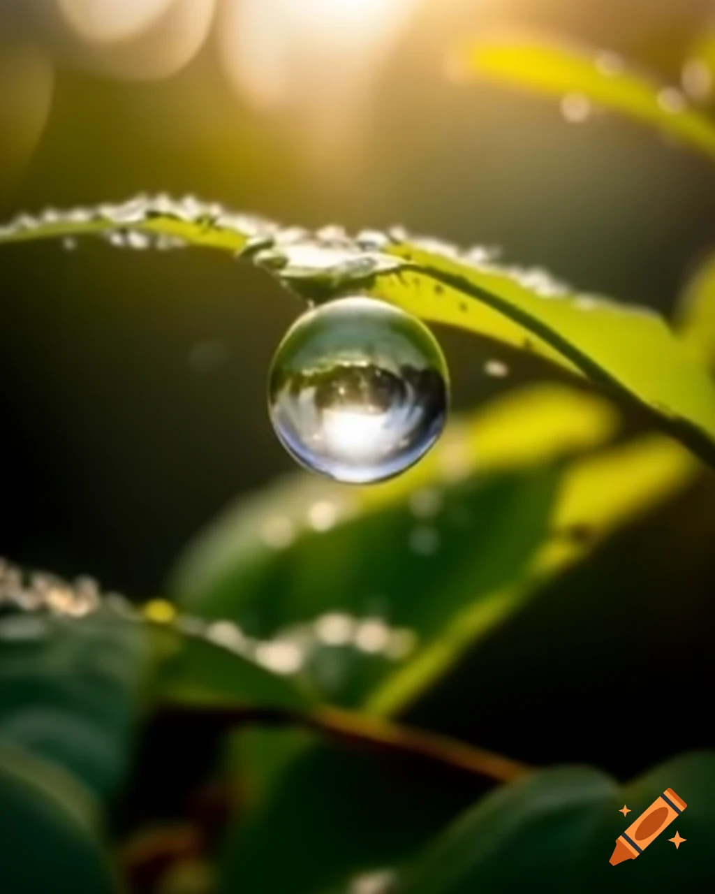 Radiant dewdrop on spider silk thread glinting in sunlight