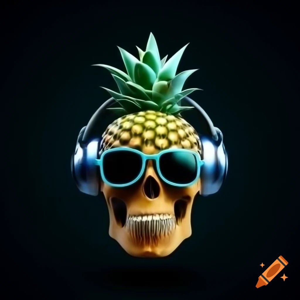 Stylized pineapple skull with sunglasses and dark modern style on craiyon