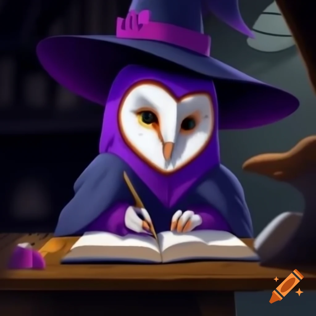 Purple barn owl witch writing in book of shadows