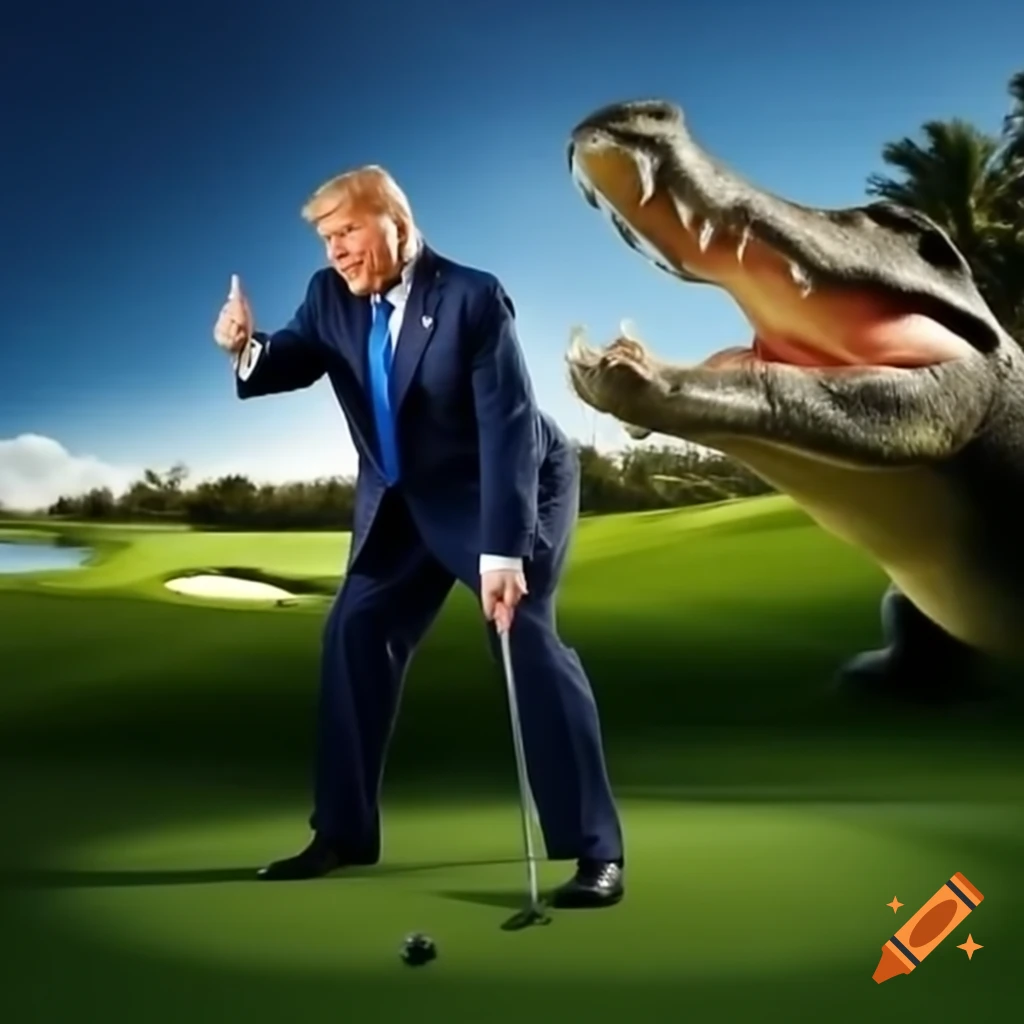 Photorealistic satire of Donald Trump golfing, chased by giant alligator