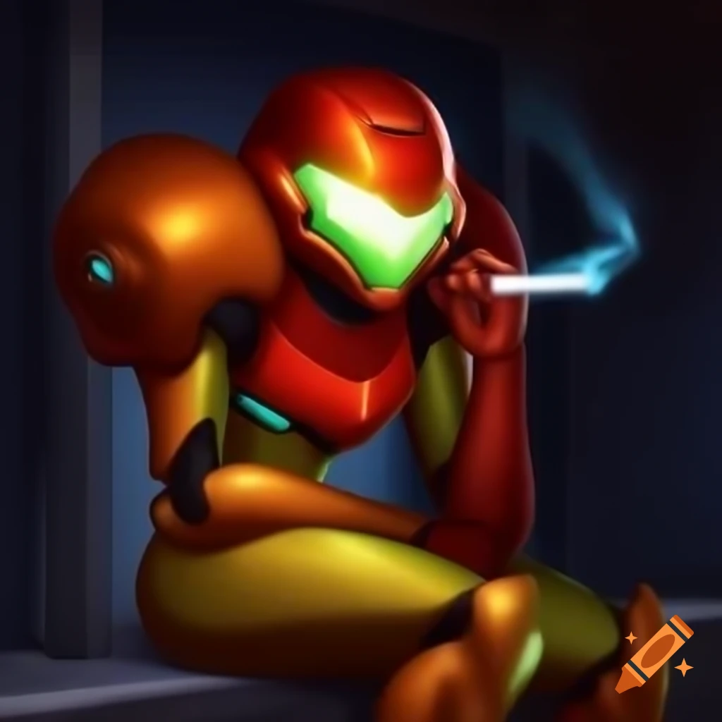 Samus Aran from Metroid with cigarette hanging from helmet