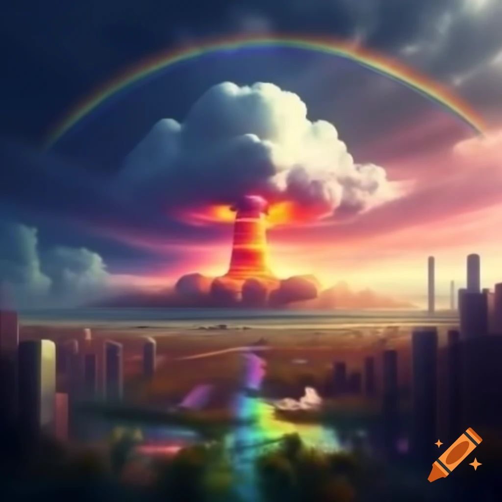 Colorful urban city skyline with rainbow landscape and nuclear fallout effect