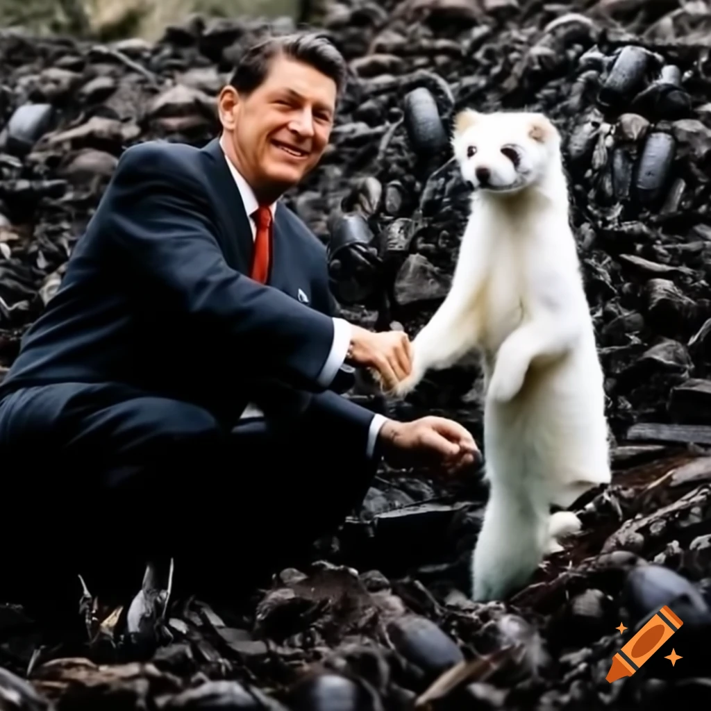 Ronald Reagan shaking hands with a white mink beside a pile of crayfish