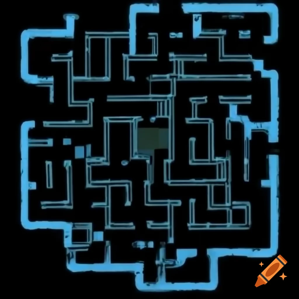 Detailed 2D map of a huge underground labyrinth resembling hospital basement
