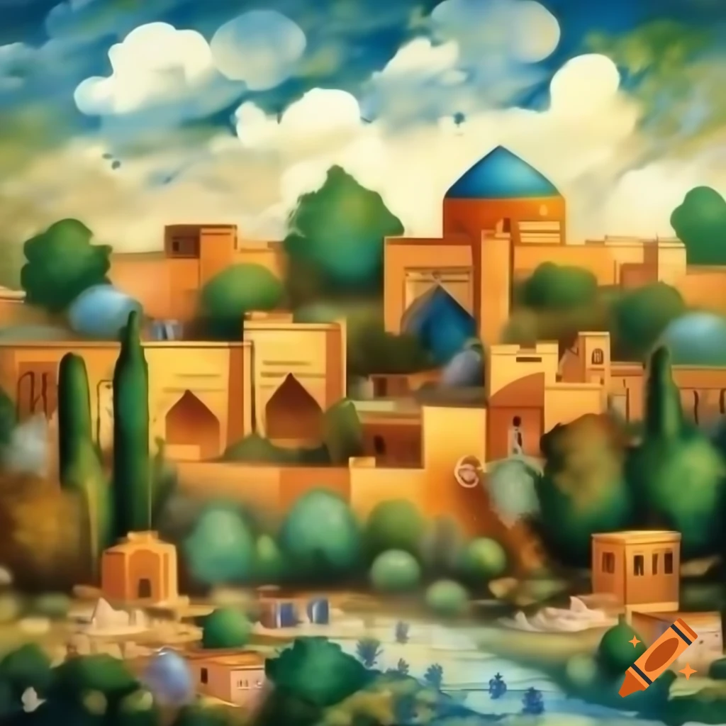Shiraz city in Iran with buildings among trees, detailed Thomas Kinkade painting